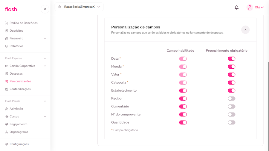 Sessão de personalização de campos.