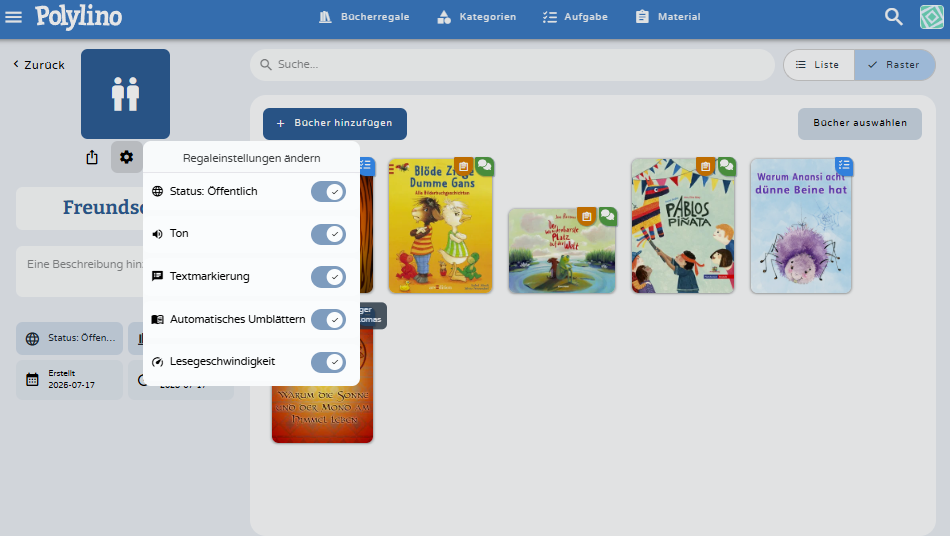 Bücherregal-Einstellungen bearbeiten - klicken Sie zum Vergrößern Bücherregal-Einstellungen bearbeiten