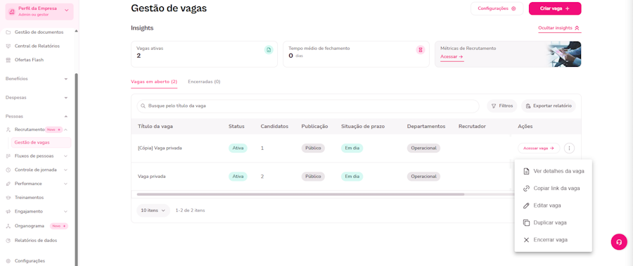 Imagem do menu de gestão de vagas com as opções laterais de uma vaga criada indicadas