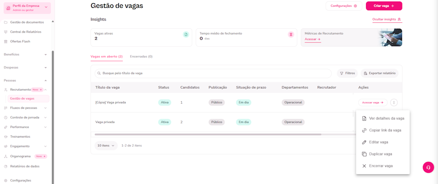 Imagem do menu de gestão de vagas com as opções laterais de uma vaga criada indicadas