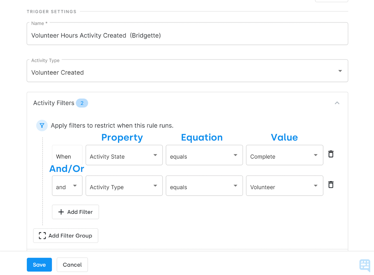 TWO ACTIVITY FILTER LINES WITH DEFINED FIELD NAMES ABOVE THE FIELDS IN BLUE - click to enlarge TWO ACTIVITY FILTER LINES WITH DEFINED FIELD NAMES ABOVE THE FIELDS IN BLUE