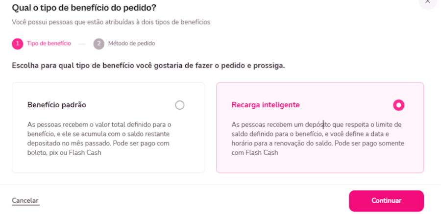 imagem das modalidades de pedido com destaque para opção de recarga inteligente selecionada