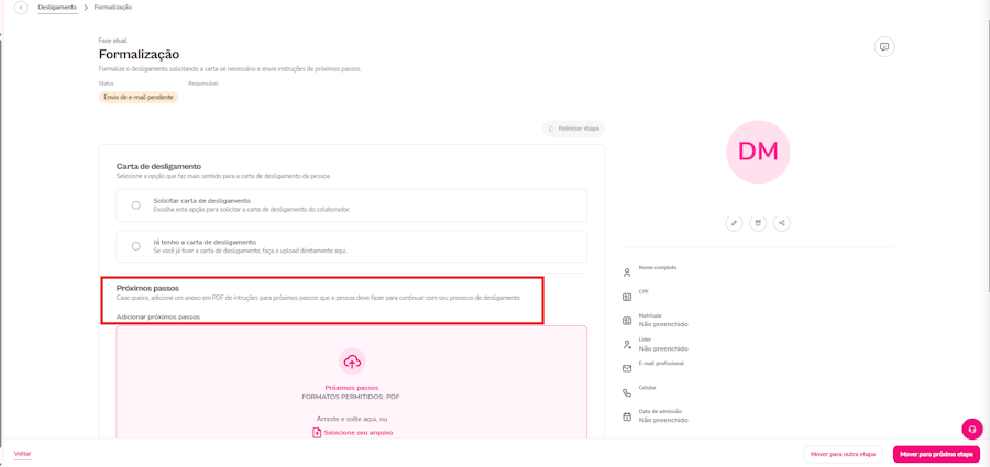 imagem da plataforma com destaque para a opção de próximos passos