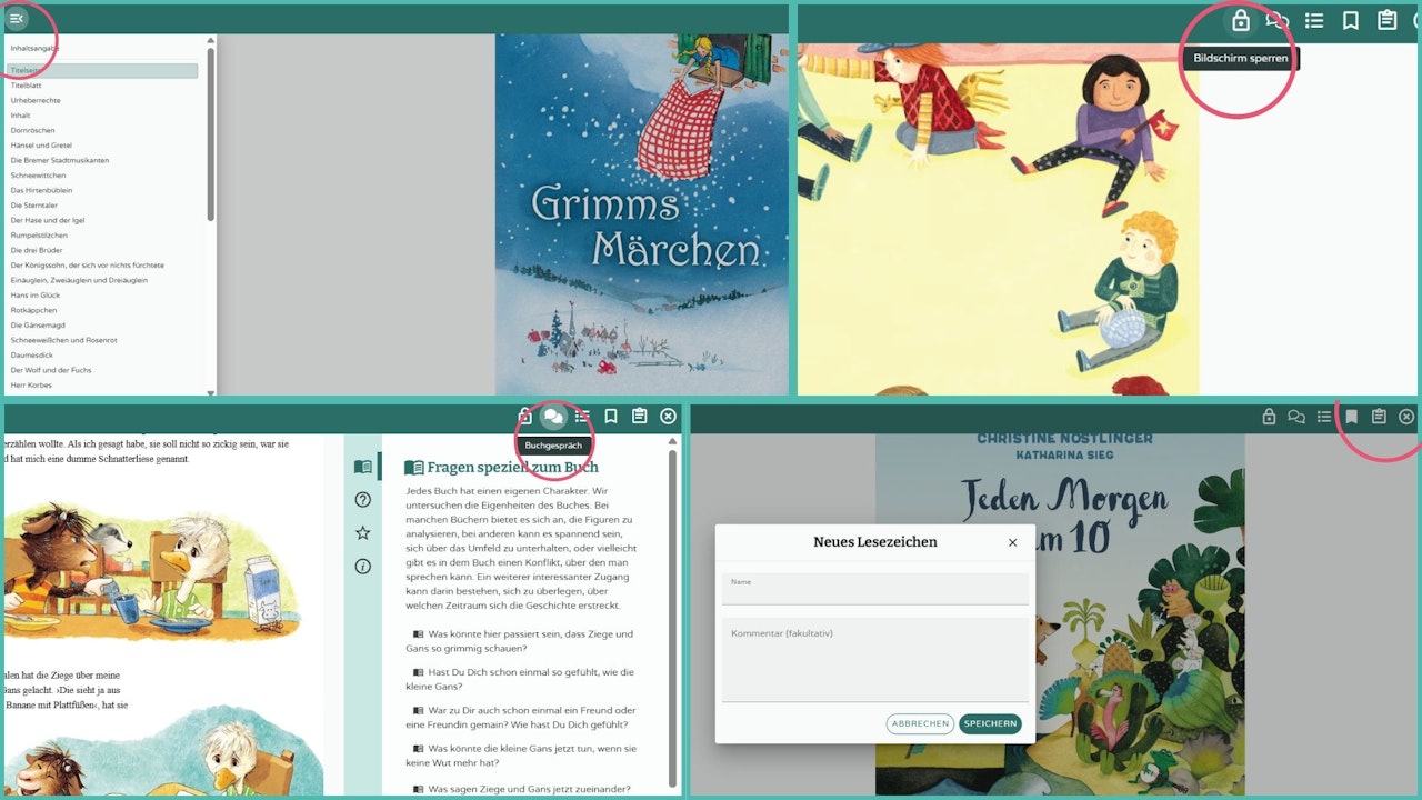 Inhaltsverzeichnis / Bildschirm sperren / Buchgesprächsfragen / Lesezeichen setzen - klicken Sie zum Vergrößern Inhaltsverzeichnis / Bildschirm sperren / Buchgesprächsfragen / Lesezeichen setzen