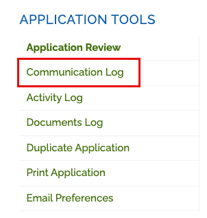 Image showing Application Tools menu with Communication Log highlighted.