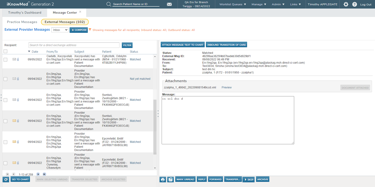 The Message Center with the External Messages tab selected - click to enlarge The Message Center with the External Messages tab selected