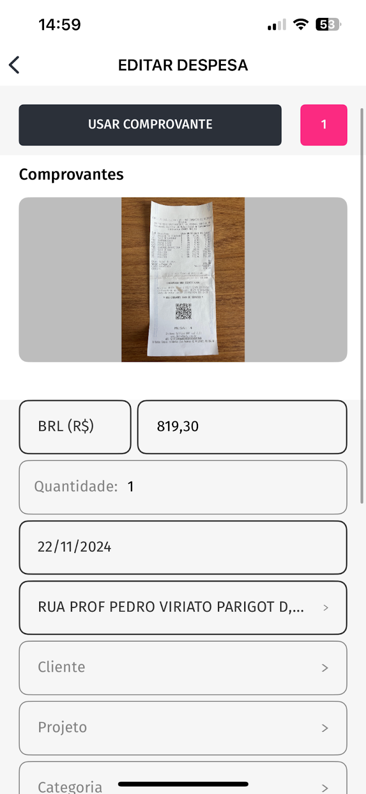 Imagem de despesa exemplo com campos preenchidos.