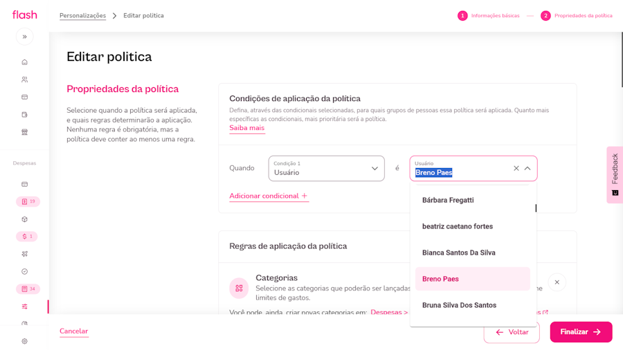 Política de despesas corporativas. Fase de revisão para quem esta sendo direcionado a edição