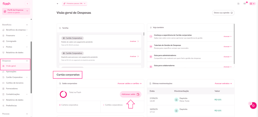 Imagem do menu de cartão corporativo para adicionar saldo.