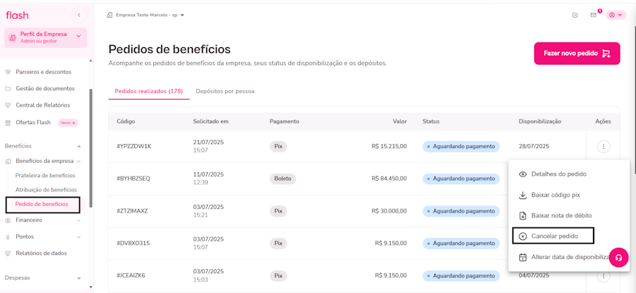 Imagem do menu de pedido de beneficio para cancelar pedido inteiro.