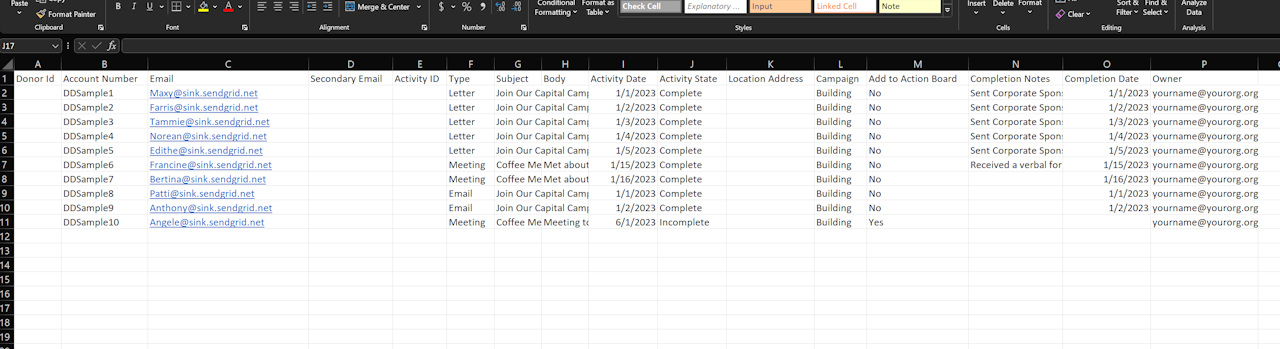 EXCEL SPREADSHEET SHOWING ROWS FOR ADDING ACTIVITIES - click to enlarge EXCEL SPREADSHEET SHOWING ROWS FOR ADDING ACTIVITIES