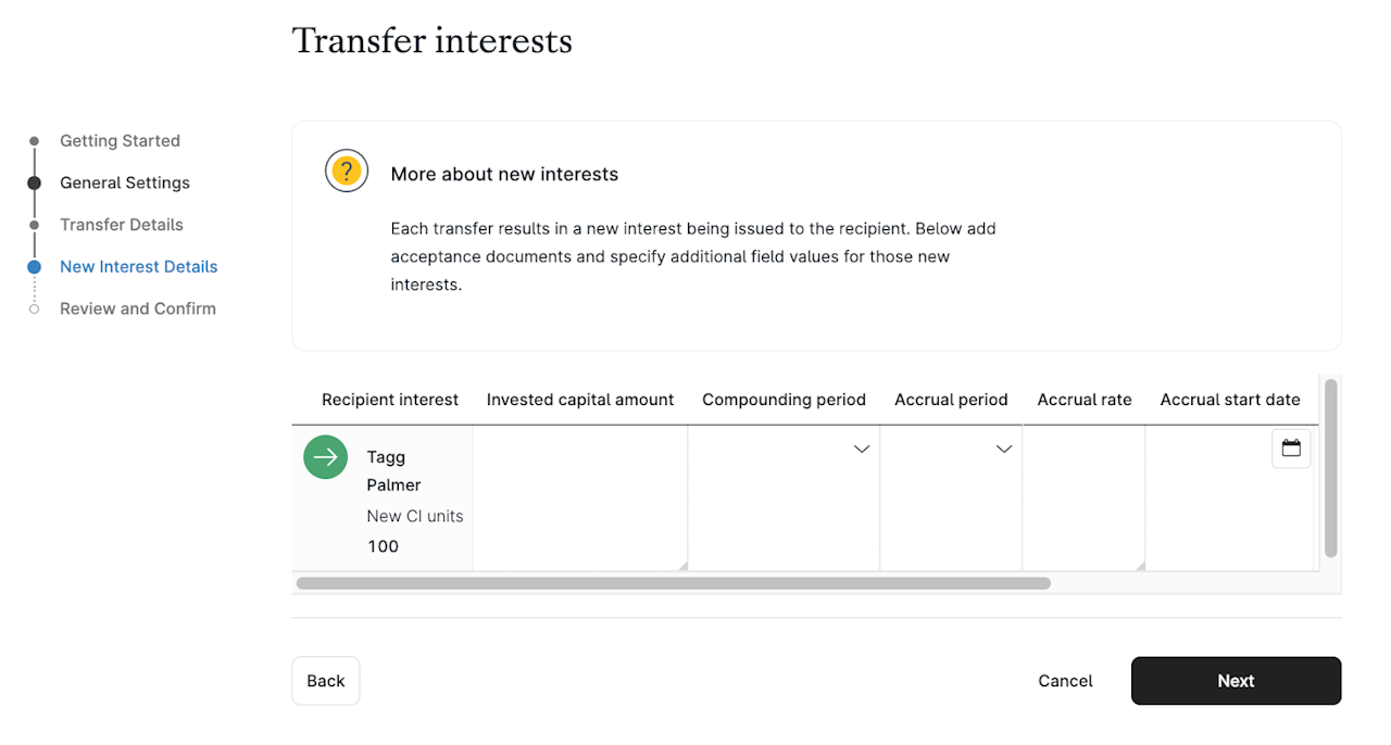 Add Invested capital amount, Compounding period, Accrual period, Accrual rate, Accrual start date, Principle amount, and Day count conversion - click to enlarge Add Invested capital amount, Compounding period, Accrual period, Accrual rate, Accrual start date, Principle amount, and Day count conversion