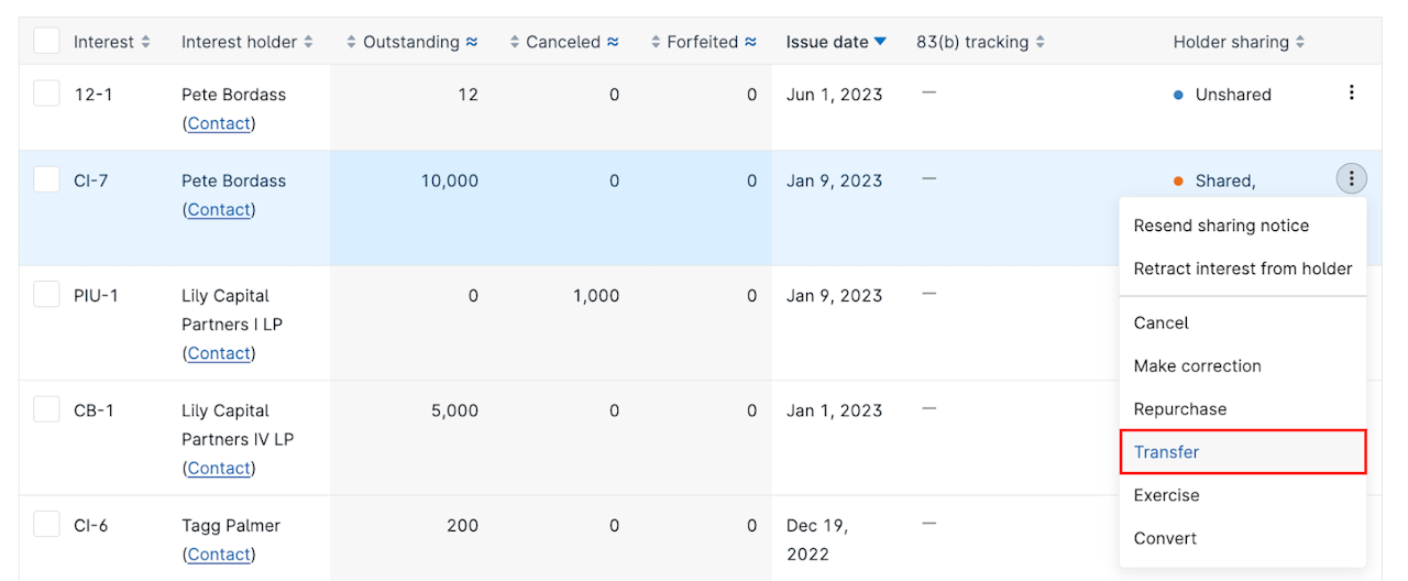 Click the row tools button to the right of the applicable interest's row and select Transfer - click to enlarge Click the row tools button to the right of the applicable interest's row and select Transfer