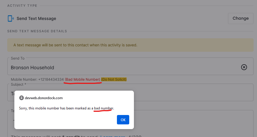 BAD PHONE NUMBER PROMPT ON CREATE ACTIVITY SLIDE-OUT - click to enlarge BAD PHONE NUMBER PROMPT ON CREATE ACTIVITY SLIDE-OUT