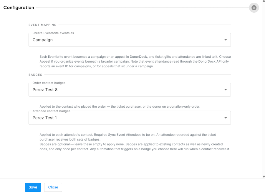 Configuration options for Campaigns/Appeals and Badges in the Eventbrite integration