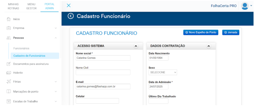 imagem do menu cadastro de funcionário para preenchimento do campo data de admissão.