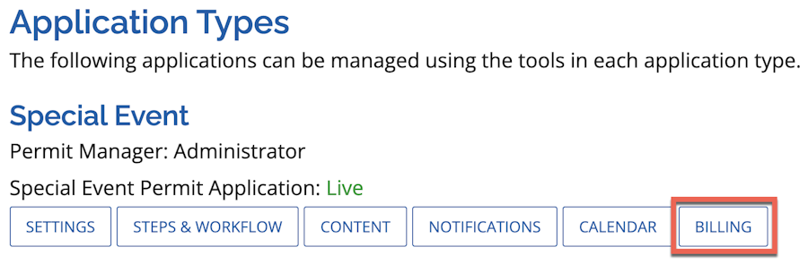 Shows the Special Events application type options, with Billing highlighted.