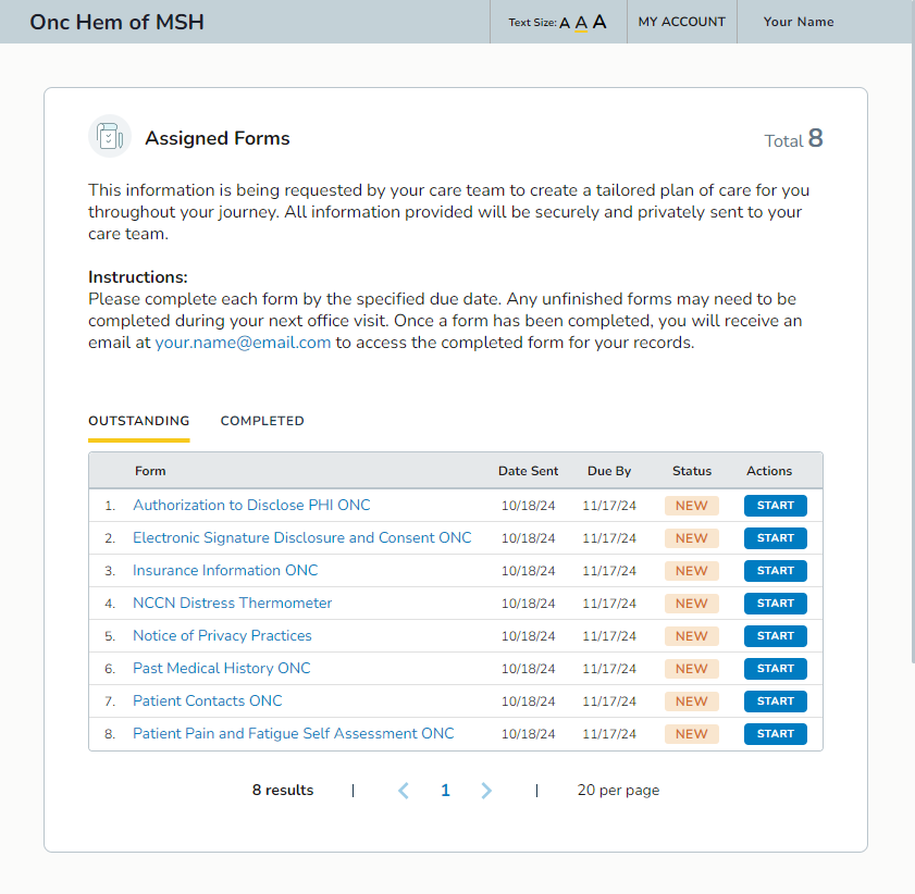 The Ontada Health eRegistration Assigned Forms page - click to enlarge The Ontada Health eRegistration Assigned Forms page