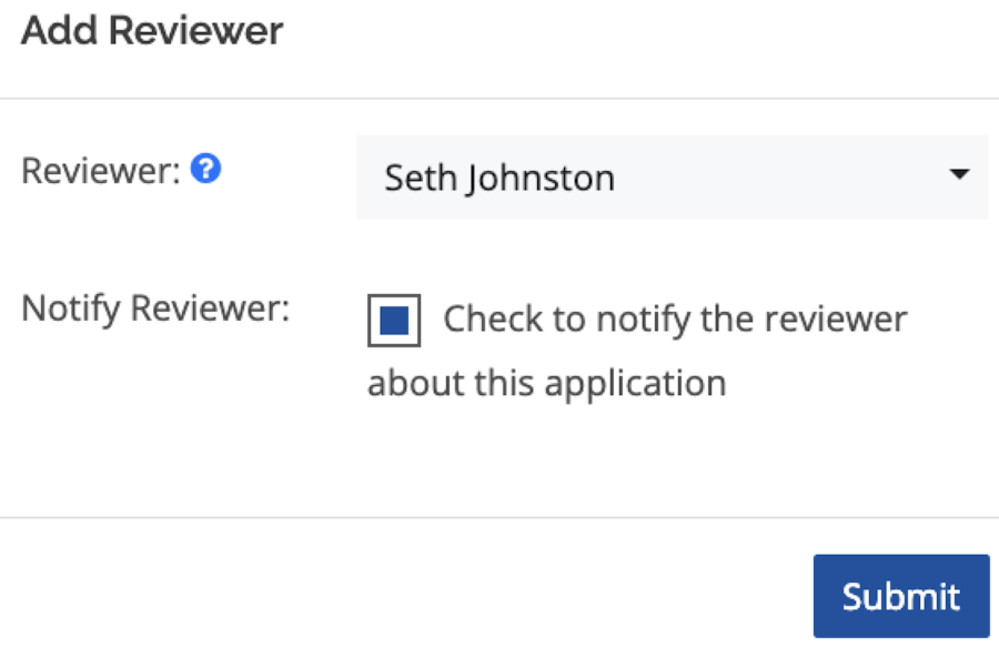 The Add Reviewer popup where you can select the reviewer to assign from a dropdown menu.