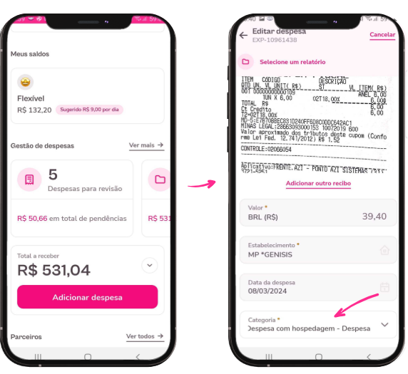 Imagem exemplo de despesa com foco no menu de categoria.