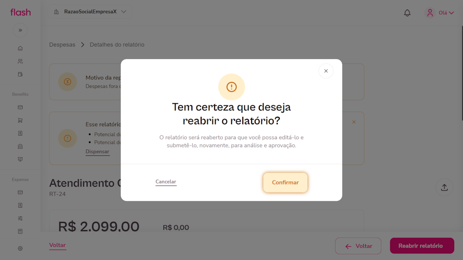 Imagem exemplo com a tela para confirmar reabertura de relatório.