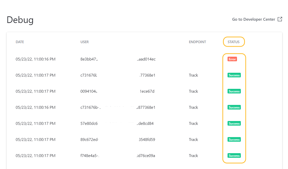 Debug view with the status column highlighted. - click to enlarge Debug view with the status column highlighted.