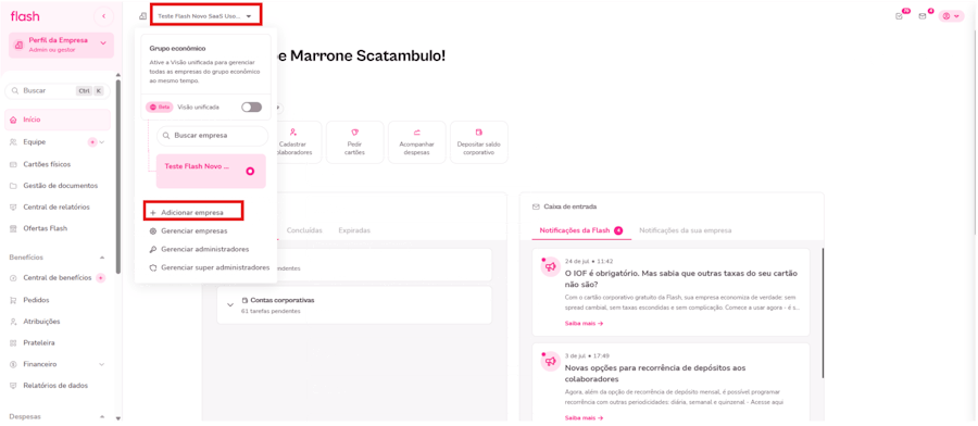 GIF mostra passo a passo de como cadastrar uma nova empresa do grupo/ filial na plataforma Flash.