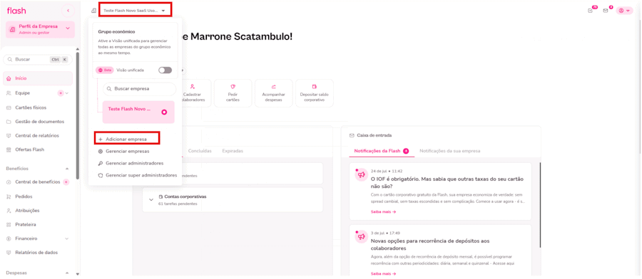 GIF mostra passo a passo de como cadastrar uma nova empresa do grupo/ filial na plataforma Flash.