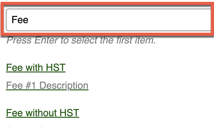 Shows the Item Search field and results with "Fee" typed into the Search field.