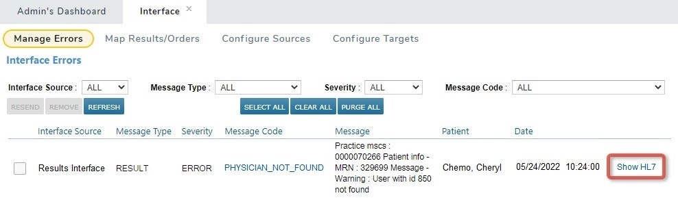 Show HL7 highlighted under Interface > Manage Errors - click to enlarge Show HL7 highlighted under Interface > Manage Errors