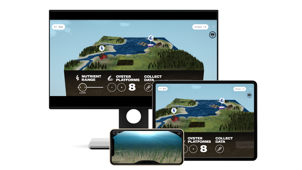 The Bay Watch VR experience shown on a computer screen, tablet, and iPhone. The computer screen and tablet shows a map of the Malpeque Bay and the experience’s control panel. The iPhone shows an underwater view from the experience. - click to enlarge The Bay Watch VR experience shown on a computer screen, tablet, and iPhone. The computer screen and tablet shows a map of the Malpeque Bay and the experience’s control panel. The iPhone shows an underwater view from the experience.
