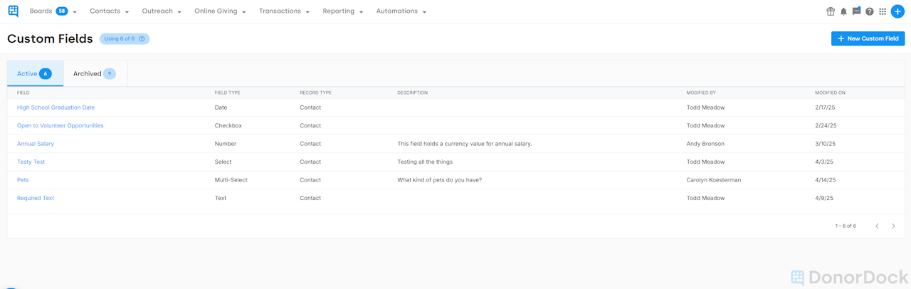CUSTOM FIELDS INBOX SHOWING TAB FOR ACTIVE AND ARCHIVED FIELDS - click to enlarge CUSTOM FIELDS INBOX SHOWING TAB FOR ACTIVE AND ARCHIVED FIELDS