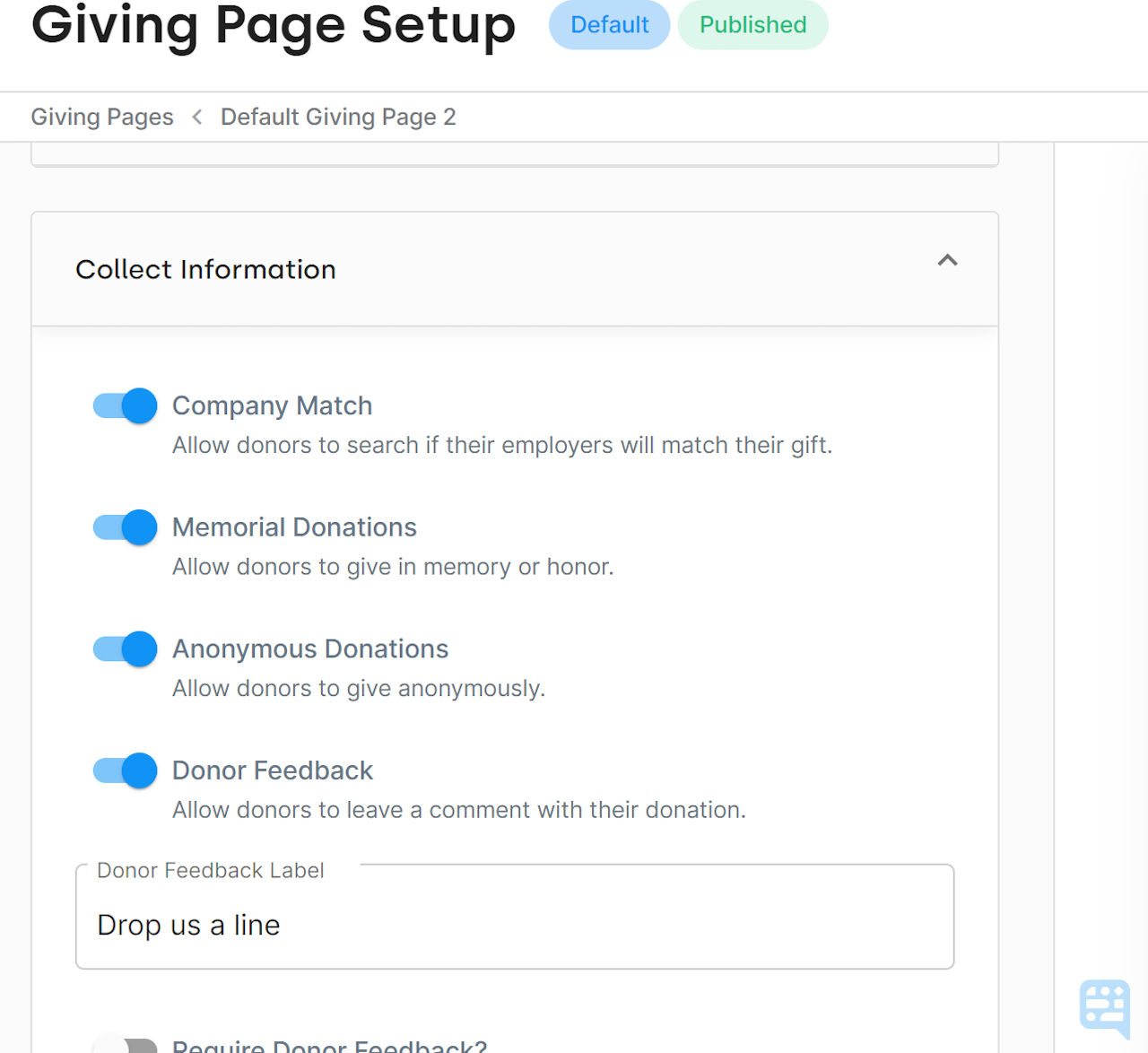 Company Match selection toggle on Giving Page Setup - click to enlarge Company Match selection toggle on Giving Page Setup