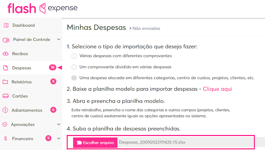 Menu destacado para escolher arquivo com a despesa importada.