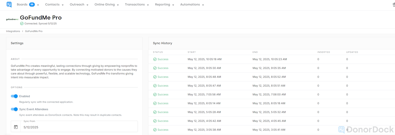 GOFUNDME PRO INTEGRATION LANDING PAGE SHOWING SYNC HISTORY - click to enlarge GOFUNDME PRO INTEGRATION LANDING PAGE SHOWING SYNC HISTORY