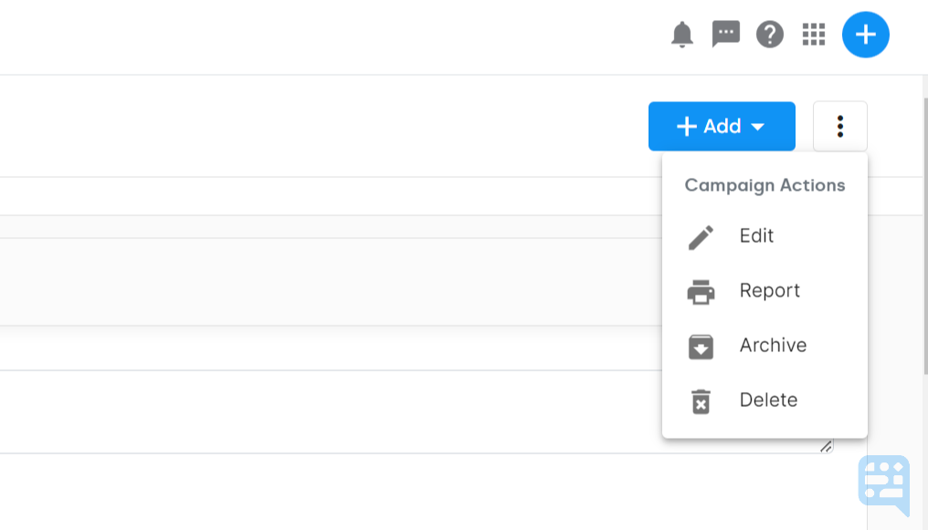 CAMPAIGN ACTION MENU SHOWING OPTIONS FOR ARCHIVE AND DELETE - click to enlarge CAMPAIGN ACTION MENU SHOWING OPTIONS FOR ARCHIVE AND DELETE