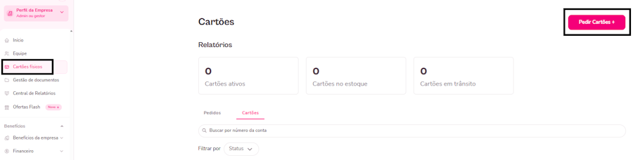 imagem da plataforma com destaque para opção de cartões fisicos e pedir cartão.