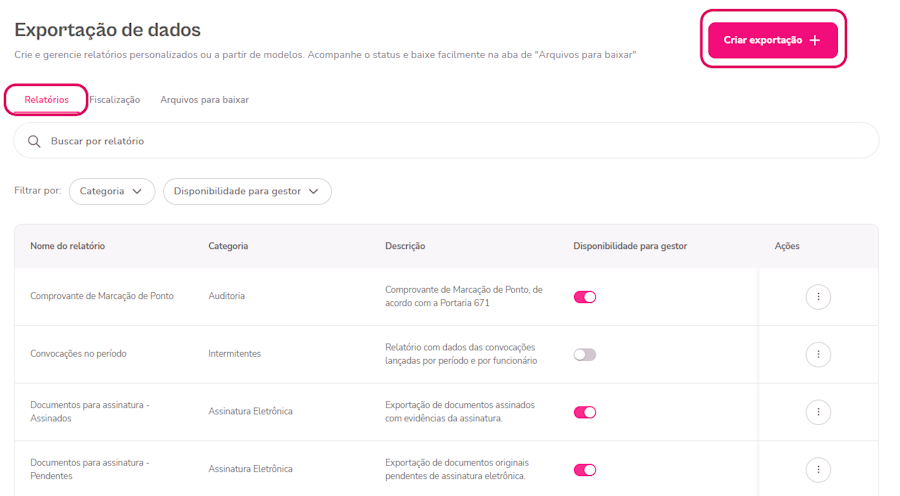 imagem da plataforma com destaque para opção de relatório e criar exportação.