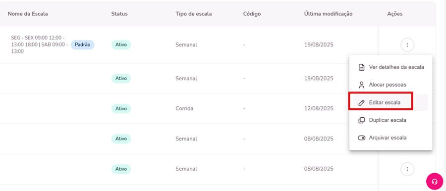 Menu de escala de trabalho com a opção de editar selecionada.