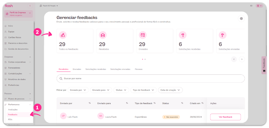 Imagem do menu de feedback no menu de performance destacado