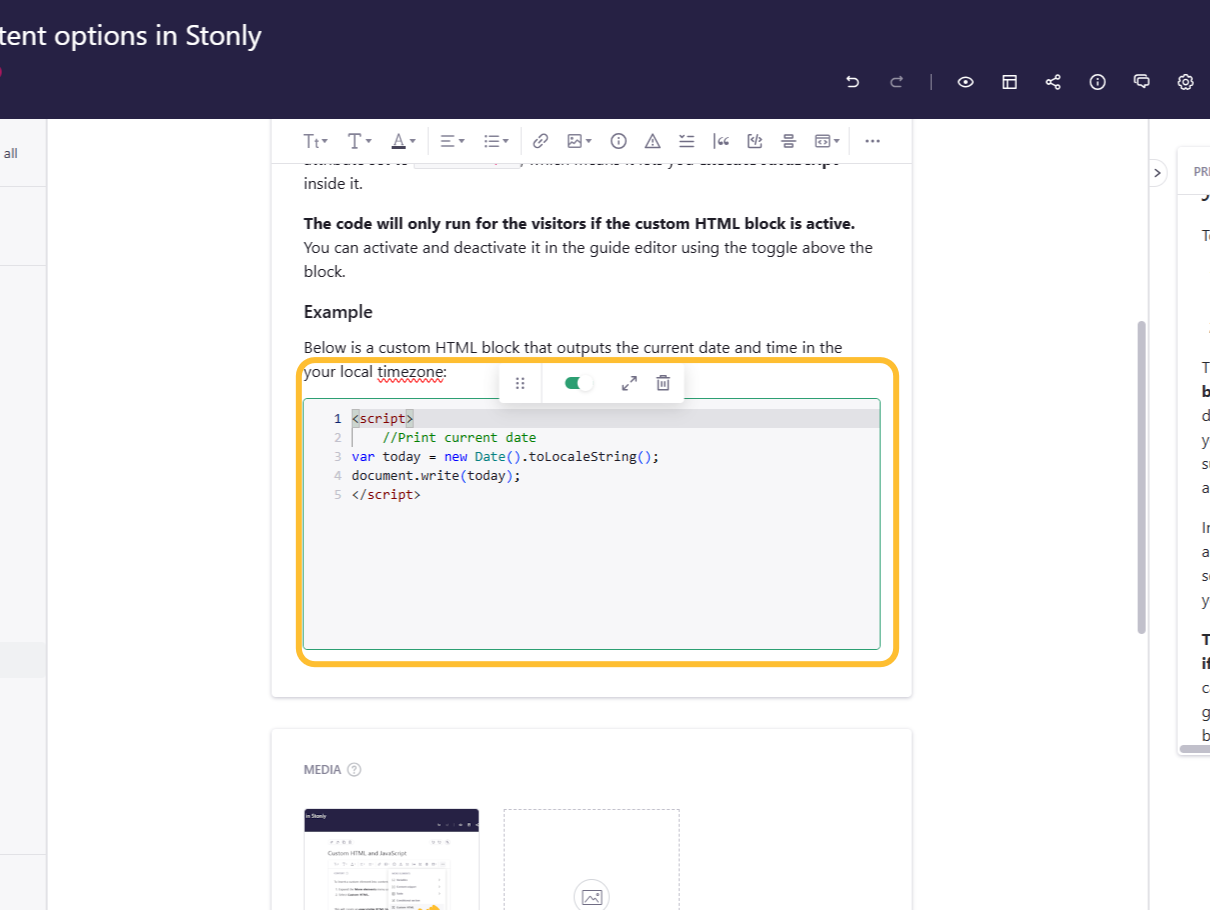 Custom HTML block inserted into a guide. - click to enlarge Custom HTML block inserted into a guide.