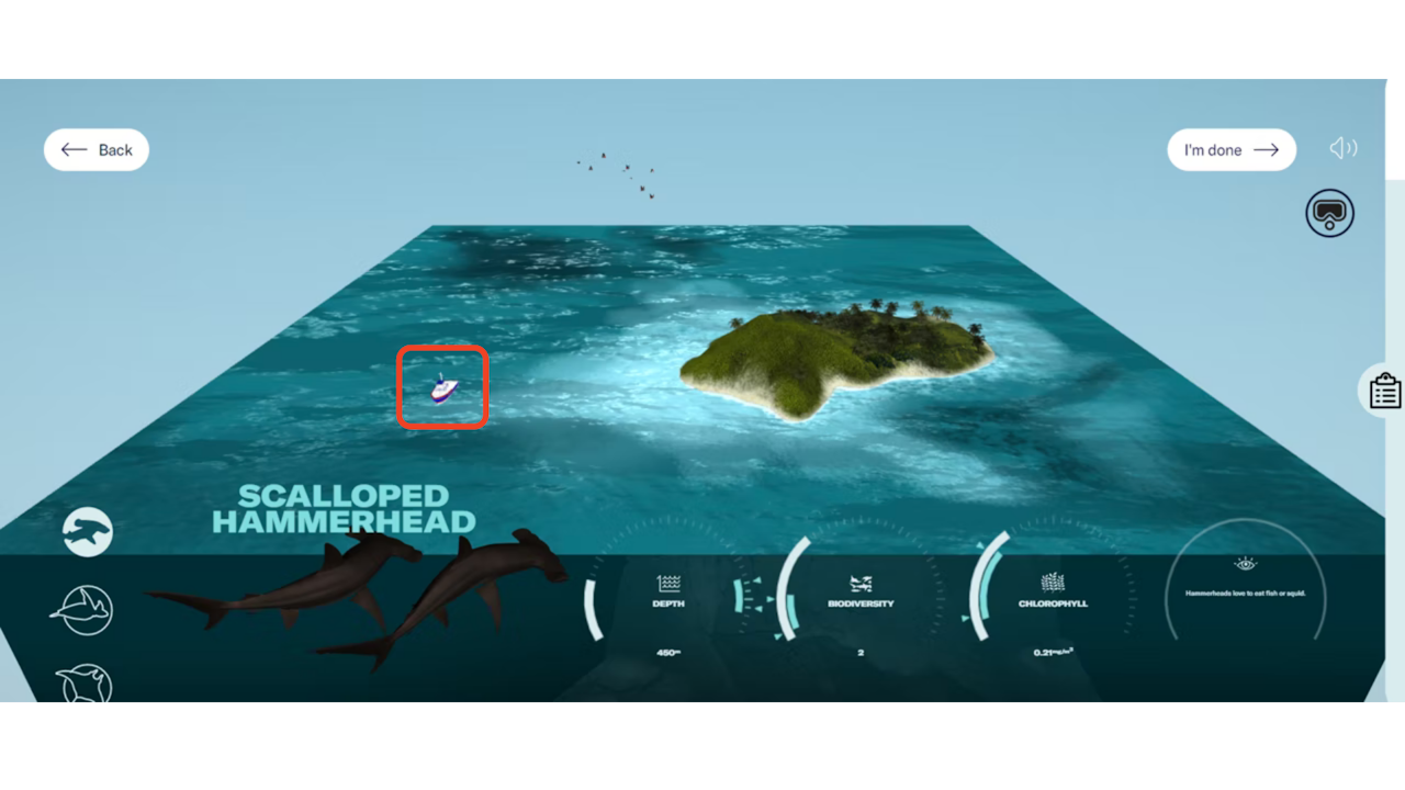 The experience’s map and information panel. There is a boat highlighted in the ocean. - click to enlarge The experience’s map and information panel. There is a boat highlighted in the ocean.