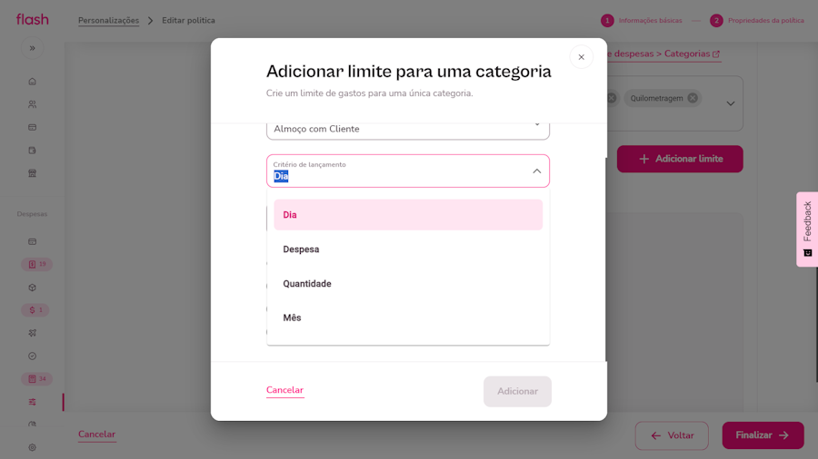 Configurar politica de despesa. Tela Definir limite para uma categoria