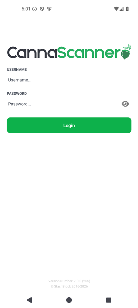 CannaScanner sign-in screen with Username, Password, and Login button - click to enlarge CannaScanner sign-in screen with Username, Password, and Login button