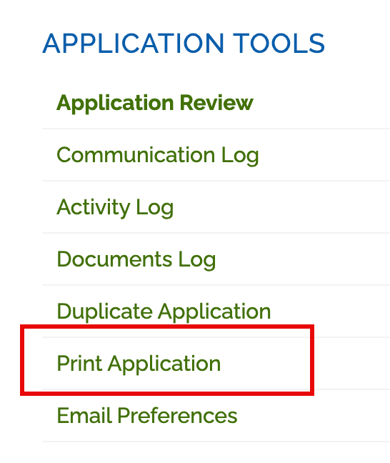 Image of the Application Tools options with Print Application highlighted.