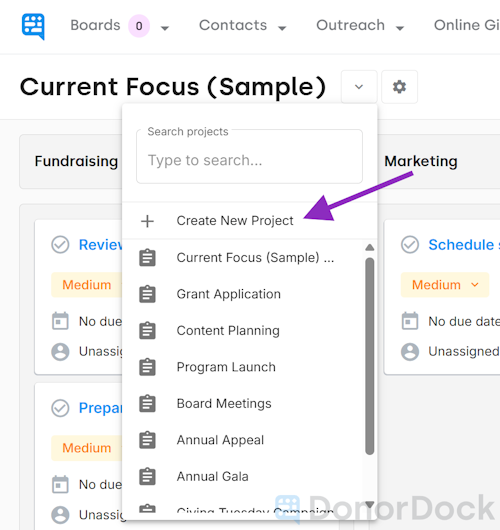 Create Project prompt at top of list of existing boards