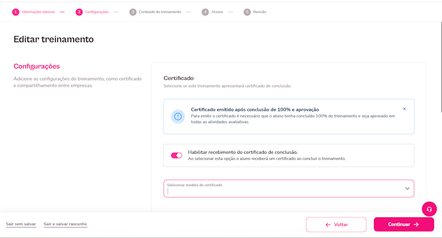 imagem da plataforma para inserir um certificado em um treinamento