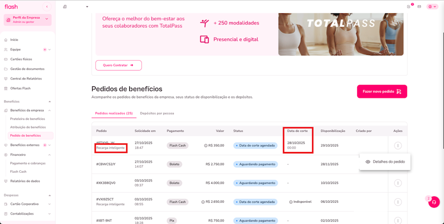 imagem da plataforma Flash com destaque para o campo de data de corte e recarga inteligente