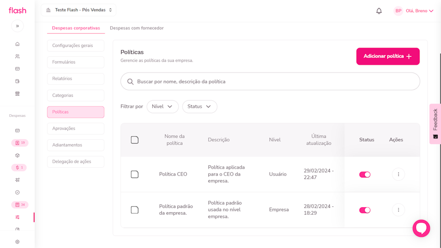Configurar politica de despesa. Tela da politica criada e finalizada.