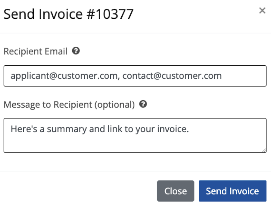 Image of the Send Invoice popup window with multiple email addresses entered and a message for the recipient.